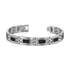 Modern Style Mens Stainless Steel Bracelet with Black Carbon Fiber Highlights