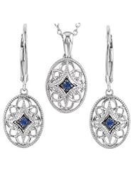 GENUINE SAPPHIRE EARRING AND PENDANT SET RODIUM FINISH STERLING SILVER- 18.00 INCH CHAIN GEMSTONE NECKALCE AND LEVERBACK EARRINGS