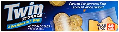 Twin Storage Bags for Lunches and Snacks, Double Section, Zipper Closure, Travel Friendly 1 Box - 40 Count