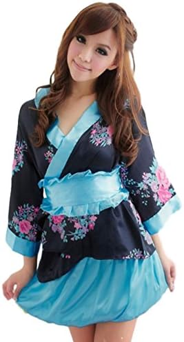 Japanese Kimono Night Dress ใ Black & Blue ใ Halloween cosplay Yukata Sleepwear (Black-Blue)