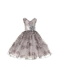 Girls Sophisticated V-neck Beaded Pleated Embroidered Sleeveless Floral Print  Dress