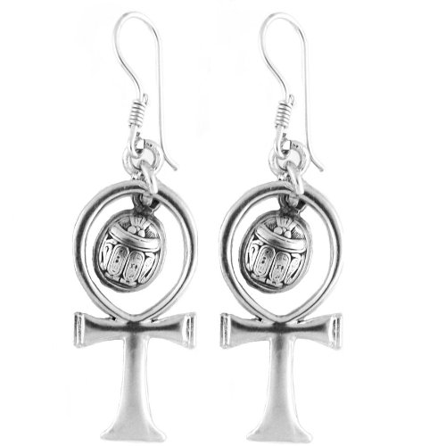 Egyptian Jewelry Silver Ankh and Scarab Earrings