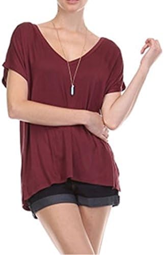 YFH Women's Casual Oversize V-Neck Knit Top Solid Short Sleeve T-Shirt Tank (Small, Burgundy)