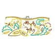 A beige beaded clutch bag. The beads are brown, turquoise, and beige. There is brownshiny beads also. making up this pretty pattern which is on both sides of bag. Has a detachable chain shoulder strap and also a beaded handle strap. Small pocket inside, p