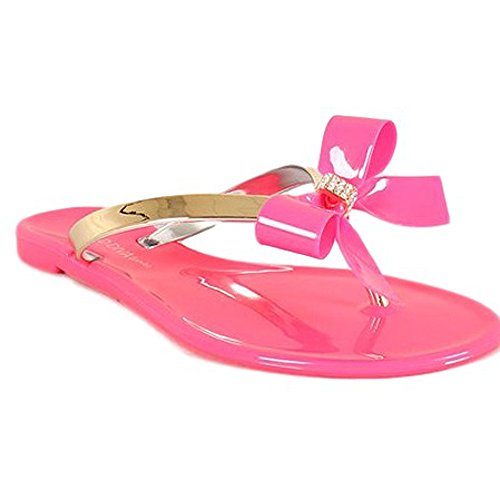 Joanie-05 Jelly Bow Thong Flat Sandal (7, Fuchsia)