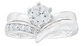 Platinum Plated Sterling Silver Cubic Zirconia Round Solitaire Ring with Chevron Band Bridal Set, Size 7