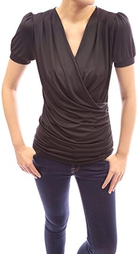 PattyBoutik Puffed V Neck Crossover Faux Wrap Pleated Blouse Top (Black L)