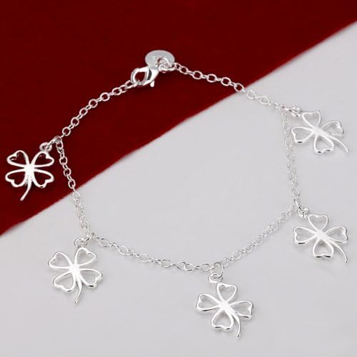 Silver Plated Clover Bracelet Fashion Jewelry Trendy Chain Metal Charm Curb Woven Link Chain