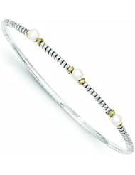 Sterling Silver with 14k Gold 4.5mm FW Cultured Button Pearl Bangle Bracelet - Antique Boutique - Vintage Style - Jewelry