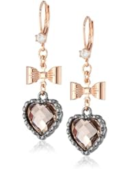 Betsey Johnson Small Bronze Crystal Heart and Hematite-Color Bow Drop Earrings