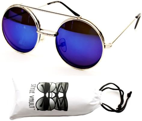 V137-vp Flip up /Out Round Metal Sunglasses 2" Lens (6006RV silver-blue With White SV Pouch)