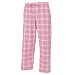 Pink and white and green tartan plaid check tie cord flannel cotton pants for lounging, sleep, sports. Unisex relaxed fit, available in 3 Youth sizes