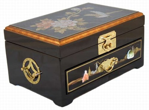 Elegant Oriental Black Lacquered Jewelry Box W. One Drawer