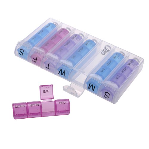 Deluxe Spring-Loaded 7-Day Pill Box Organizer Reminder with Braille - 4 Daily Compartments