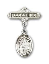 Sterling Silver Baby Badge with St. Hildegard Von Bingen Charm and Godchild Badge Pin