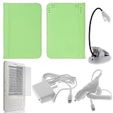 GTMax Green Leather Case with CC slot + Clear LCD Screen Protector + White LED Clip-On Reading Book Light + White Home Travel Charger + White Rapid Car Charger with IC Chip for Amazon Kindle 3 (3G+WIFI)