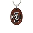 Stainless Steel Natural Redwood Cubic Zirconia Iron Cross Oval Pendant Necklace