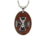 Stainless Steel Natural Redwood Cubic Zirconia Iron Cross Oval Pendant Necklace