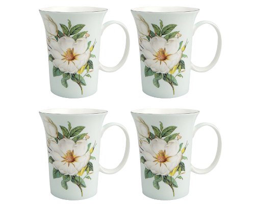 Gracie Bone China 10-Ounce Trumpet Mug, Blue White Magnolia, Set of 4