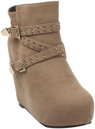 BONNIBE YUKI-2 Women's Wrapped Wedge Zipper Studded Bands Platform Ankle Boots, Color:TAUPE, Size:8.5