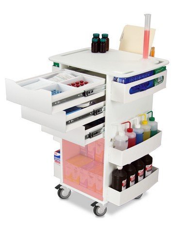 TrippNT 51007RED High Density Polyethylene Core DX Multi Tasking Storage Cart with Red Acrylic Door, 23" W x 35" H x 19" D, White