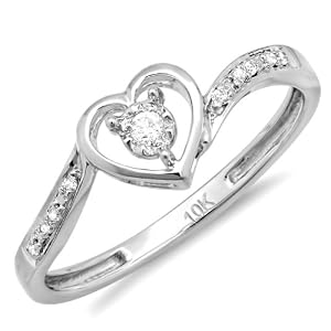 0.10 Carat (ctw) 10k White Gold Round Diamond Ladies Heart Shaped Promise Bridal Engagement Ring 1/10 CT (Size 7)