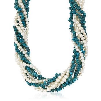 Turquoise, 5-6mm Cultured Pearl Torsade Necklace In Silver. 17\