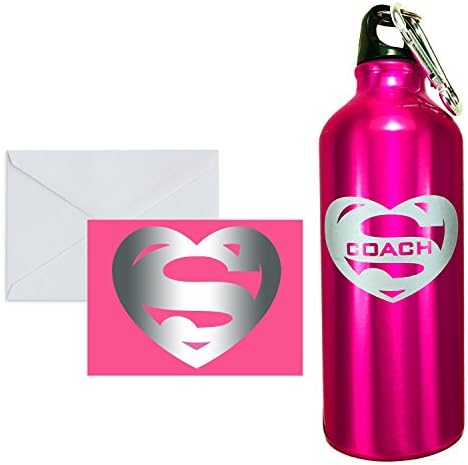 SUPER MUGS TM Coach Fuchsia Pink and Silver Insulated BPA Free 20 Oz Aluminum Water Bottle, Twist Cap with Carabiner Plus Matching Greeting Gift Card (Blank Inside)