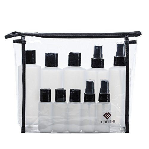 Plastic bottles with caps and pumps for liquids. set of 10 in zip…