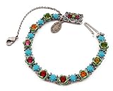 Michal Negrin Silver Coated Bracelet with Hand-Painted Roses, Safety Chain, Turquoise and Multicolor Swarovski Crystals - Victorian Style, Very Feminine