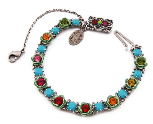Michal Negrin Silver Coated Bracelet with Hand-Painted Roses, Safety Chain, Turquoise and Multicolor Swarovski Crystals - Victorian Style, Very Feminine