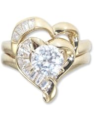 14k Yellow Gold, Fancy Heart 2 Piece Set Engagement Wedding Ring Round Center Brilliant Created Gems 7mm 1.25ct
