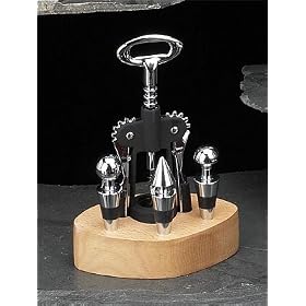 4 Piece Barware Set on Wood Base Comes with Deluxe Bottle Opener and Three Bottle Stoppers by Simple Luxuries