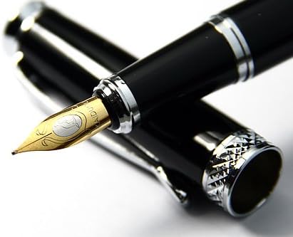 Luxury Black Fountain Pen Chrome Carved Ring & Tip with Push in Style Ink Converter