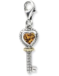 14k Yellow Gold Sterling Silver with Citrine Antiqued Key with Lobster Clasp Charm