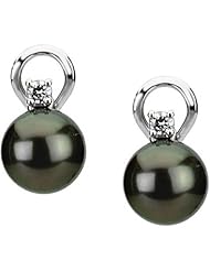14K White Gold Tahitian Cultured Near Round Dark Grey "A" Quality Pearl and Diamond Earrings -- LIFETIME WARRANTY