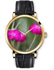 SPRAWL Aanalog Fashion Series Gold Ladies Watches of Genuine Black Leather Strap,Unique Wrist Watch for Women Girls Designed with pink flower
