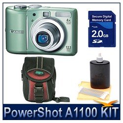 Canon PowerShot A1100IS 12.1 MP Digital Camera with 4x Optical Image Stabilized Zoom and 2.5-inch LCD (Green) Executive Kit With 2GB SD Memroy Card, Carrying Case and Cleaning Kit
