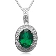 Jewelili Created Oval Emerald and Diamond Pendant in Sterling Silver, 18