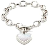 Image of Silver Ladies B1966-Wht White Mop Heart Charm Bracelet T-Bar 6.5