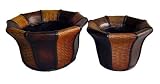 Round Wood Bamboo Weave Flared Planter Set of 2