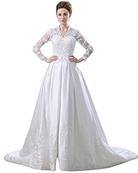 A-line V-neck Dropped   Waistline Satin Long Sleeves Lace Floor Length  Dress with a Chapel Train 