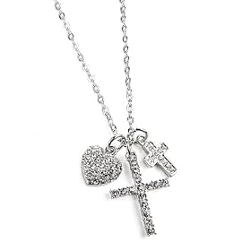 Silver Tone Chain with Heart and Cross Charms Necklace Fashion Jewelry