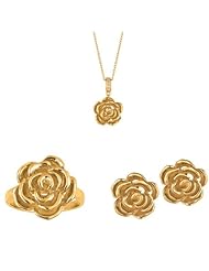 BRI Jewelry Sterling Silver Yellow Plated Flower Set - 15mm Pendant on 18" Cable Chain - 16mm Earring and Ring