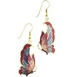 Gold Plated Butterfly Wings with Red Background Clisonne Earrings - 8mm Width - Fishhook - Sold as a Pair