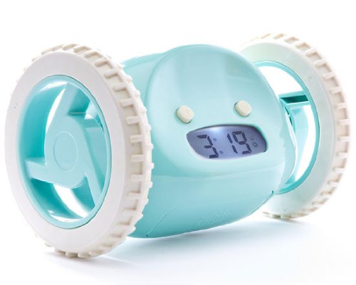 Clocky Alarm Clock on Wheels in Aqua