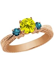 1.04 Ct Round Canary and Blue Diamond 14K Rose Gold 3-Stone Ring