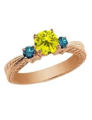 1.04 Ct Round Canary and Blue Diamond 925 Rose Gold Plated Silver 3-Stone Ring