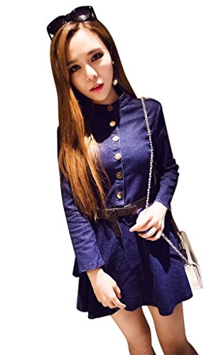 【KUENTAI】カワイイをつめこんだミニ丈のデニムワンピース フレアスカート ノーカラー