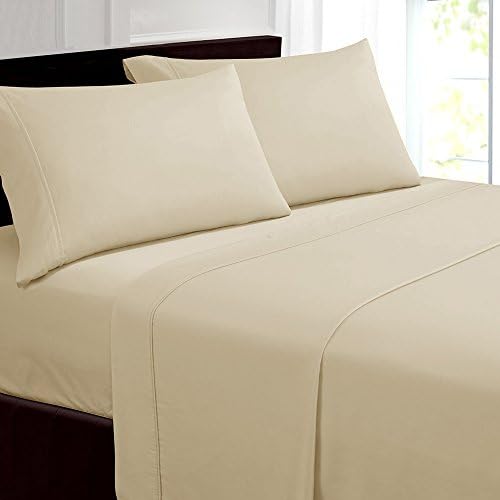 4 Piece 100% Pima Cotton Luxurious Sheet Set 350 Thread Count Sateen Weave Soft Smooth Feel Queen Size - Ivory